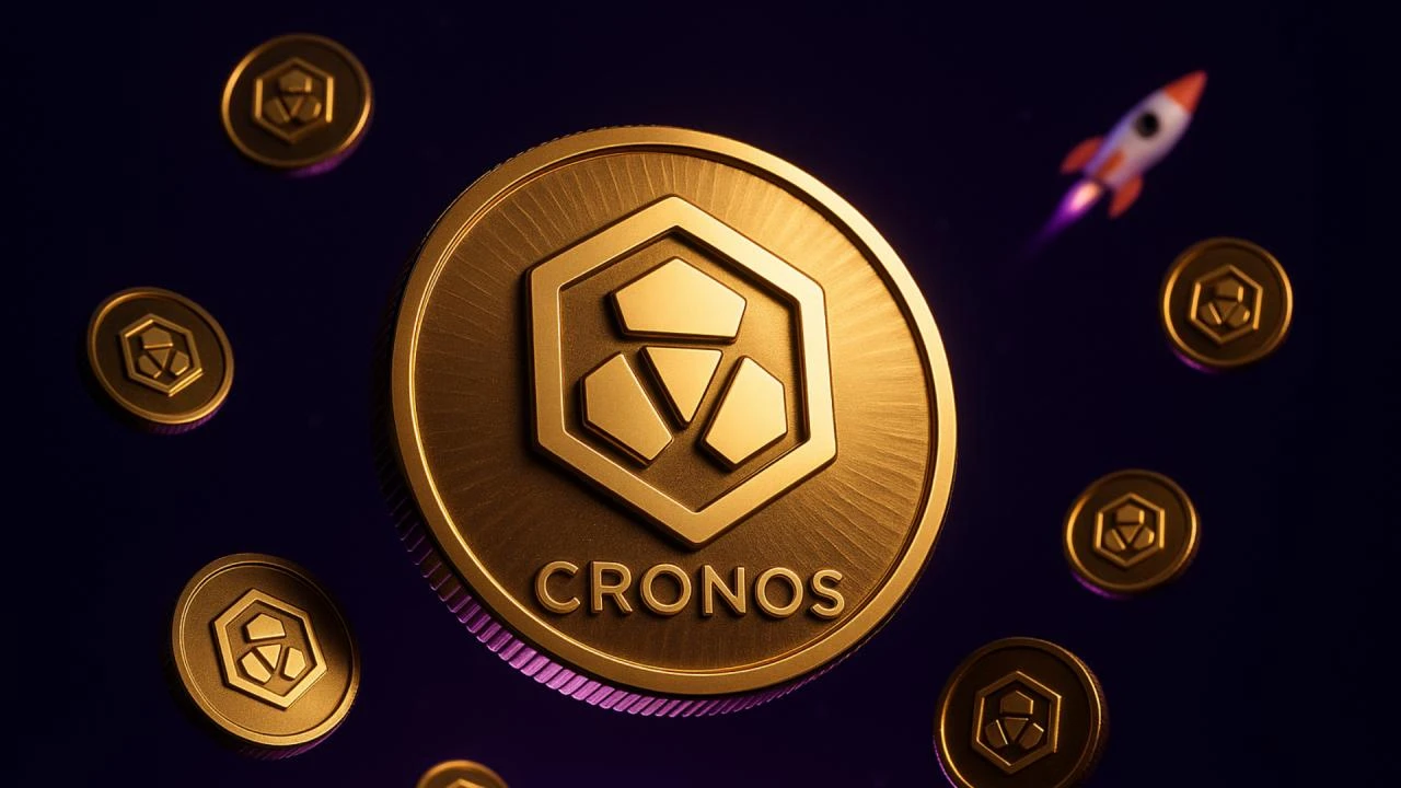 Gullfarget Cronos-mynt omgitt av mindre kryptomynter