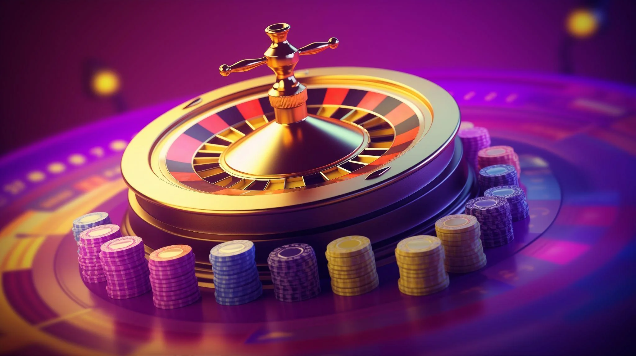Tredimensjonalt rulettbord med casinochips i neonfarger
