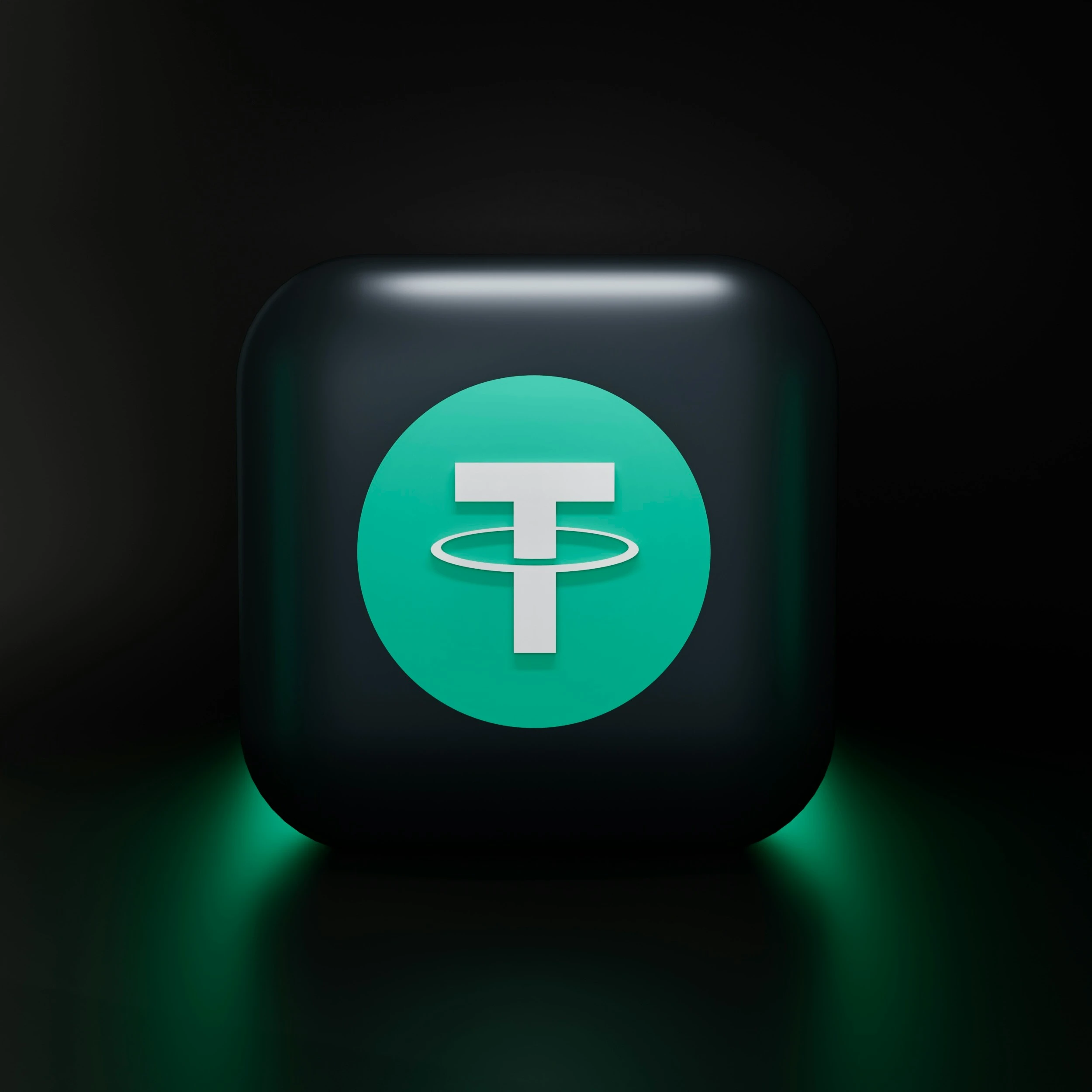 Lysende Tether-logo på mørk bakgrunn